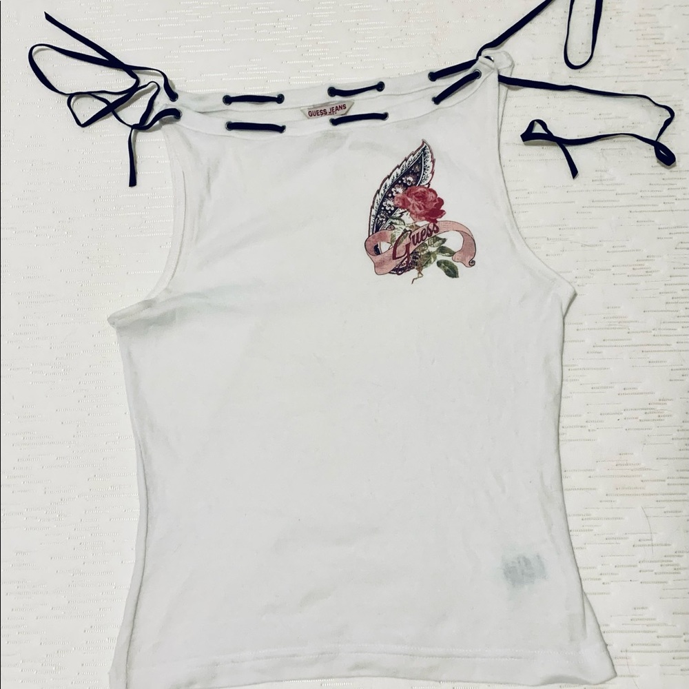 Vintage 90’s Guess White Cotton Embellished Sleeveless Top, Size M